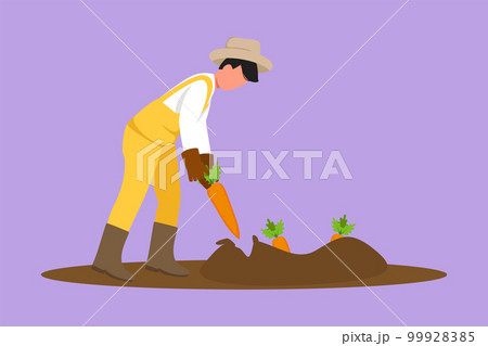 Cartoon flat character style drawing male farmer harvesting carrots. Attractive young man gardening. Vegetable cultivation, horticulture. Autumn harvest collecting. Graphic design vector illustration Cartoon flat character style drawing male farmer harvesting carrots. Attractive young man gardening. Vegetable cultivation, horticulture. Autumn harvest collecting. Graphic design vector illustration 99928385