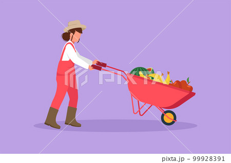 Graphic flat design drawing farmer pushing wheelbarrow with fruits harvest. Farm worker going with garden cart with organic local vegetables. Cute woman and pushcart. Cartoon style vector illustration 99928391