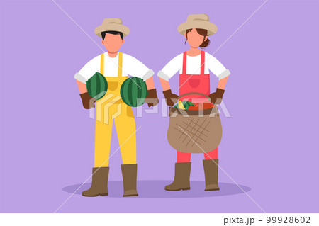 Cartoon flat drawing couple farmers carrying basket full of bananas, apples, watermelons. Picking fresh fruit from harvest. Success farmer with organic natural crop. Graphic design vector illustration 99928602