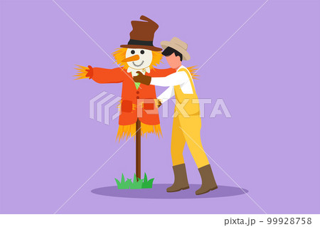 Graphic flat design drawing male farmer in straw hat putting up a scarecrow to keep out pests of birds. Countryside rice fields. Successful agriculture and farming. Cartoon style vector illustration Graphic flat design drawing male farmer in straw hat putting up a scarecrow to keep out pests of birds. Countryside rice fields. Successful agriculture and farming. Cartoon style vector illustration 99928758