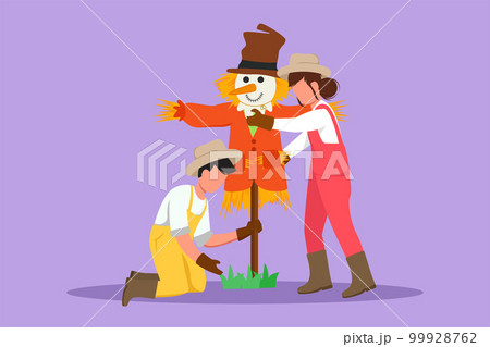 Graphic flat design drawing happy couple farmers installing a scarecrow to ward off pest birds. Countryside rice fields. Successful agriculture and farming concept. Cartoon style vector illustration Graphic flat design drawing happy couple farmers installing a scarecrow to ward off pest birds. Countryside rice fields. Successful agriculture and farming concept. Cartoon style vector illustration 99928762