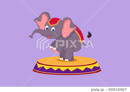 Cartoon flat style drawing an elephant stands on circus chair with its forelegs raised. Very good performance and successful circus show. Animal show entertainment. Graphic design vector illustration Cartoon flat style drawing an elephant stands on circus chair with its forelegs raised. Very good performance and successful circus show. Animal show entertainment. Graphic design vector illustration 99928967