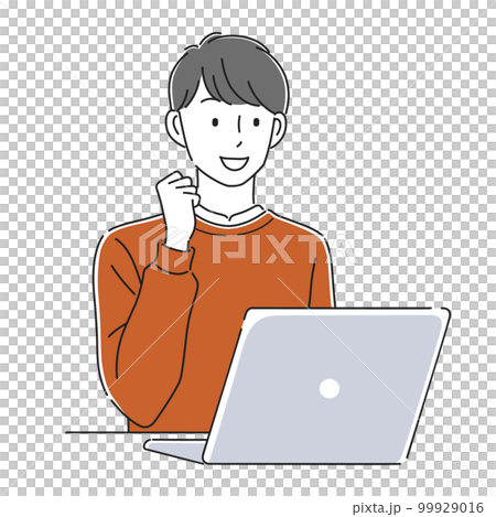 Illustration material of a man doing a guts pose in front of a laptop Illustration material of a man doing a guts pose in front of a laptop 99929016
