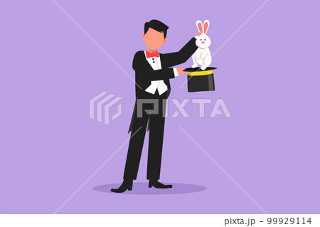 Cartoon flat style drawing male magician puts on show by getting rabbit out of his magic hat. Very impressive magic show that night. Success business entertainment. Graphic design vector illustration 99929114