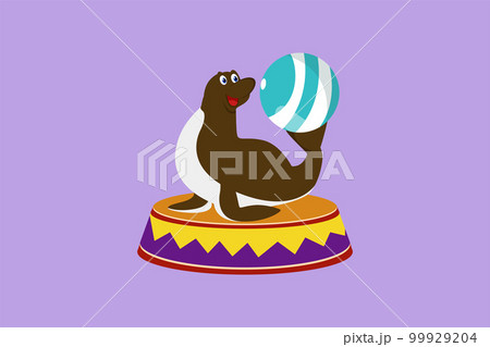 Character flat style drawing sea lion on stage playing stunt with striped ball in its tail. Sea lions are highly trained in performance. Circus animal show event. Cartoon design vector illustration 99929204