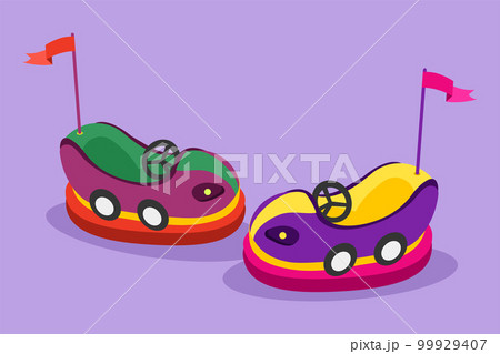 Character flat drawing two colorful electric dodgem car in amusement park arena. Bumper car for kids in funfair festival. Happy childhood memories play with friends. Cartoon design vector illustration 99929407