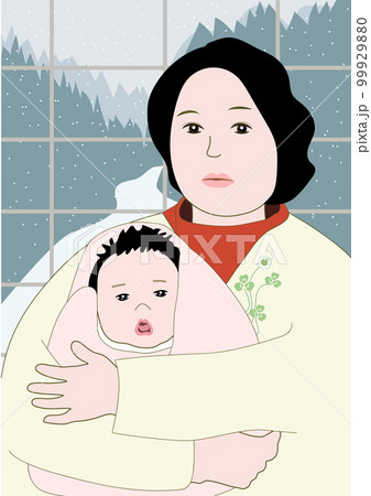 田舎の雪景色の窓辺で乳児を抱っこする若い母親 田舎の雪景色の窓辺で乳児を抱っこする若い母親 99929880