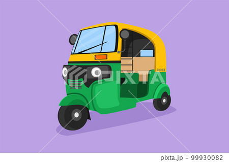 Graphic flat design drawing rickshaw traditional transportation in India which serves local passenger or foreign tourist who are on vacation. Vehicles on the roadway. Cartoon style vector illustration 99930082
