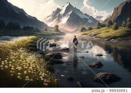 Amazing landscapes view of river and big mountain on sunrise Created with Generative AI technology. 99930661