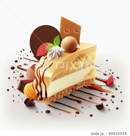 Illustration piece of cake sweet dessert on white background Created with Generative AI technology. Illustration piece of cake sweet dessert on white background Created with Generative AI technology. 99930938