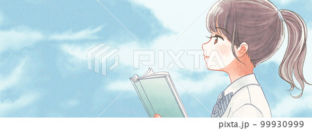 爽やかな青空の下で読書をする女子高生のイラストバナー 爽やかな青空の下で読書をする女子高生のイラストバナー 99930999