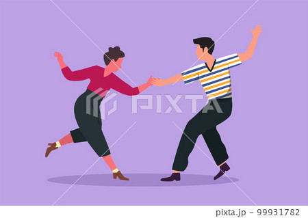 Character flat drawing happy couple man and woman performing dance at school festival, studio, party. Attractive male and female characters dancing tango together. Cartoon design vector illustration 99931782