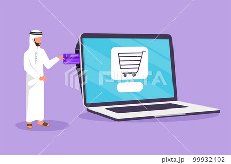 Cartoon flat style drawing young Arabian man inserting credit card into large laptop screen with shopping cart inside. E-commerce, digital payment and online store. Graphic design vector illustration 99932402