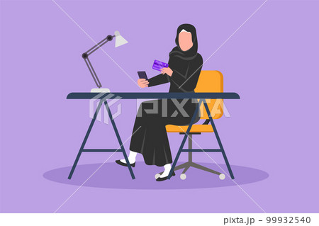 Graphic flat design drawing Arabian woman sitting at desk and typing entering credit card code on smartphone. Online store, e-shop, e-commerce, digital payment tech. Cartoon style vector illustration 99932540