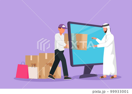 Cartoon flat style drawing male courier deliver box package and through computer monitor screen to Arab man customer. Online delivery service. Online store metaphor. Graphic design vector illustration Cartoon flat style drawing male courier deliver box package and through computer monitor screen to Arab man customer. Online delivery service. Online store metaphor. Graphic design vector illustration 99933001