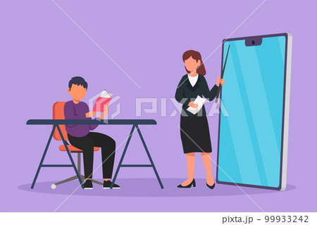 Graphic flat design drawing female teacher standing in front of smartphone screen holding book, teaching male junior high school student sitting on chair near desk. Cartoon style vector illustration 99933242