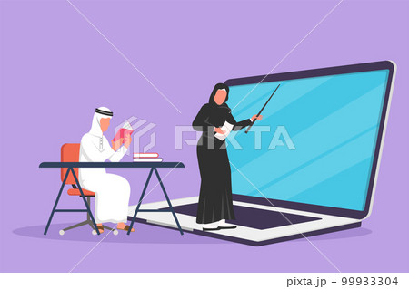 Cartoon flat style drawing female teacher standing in front of laptop screen holding book and teaching Arabian senior high school student sitting on chair near desk. Graphic design vector illustration 99933304