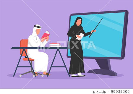 Graphic flat design drawing Arab female teacher standing in front of monitor screen holding book and teaching senior high school student sitting on chair near desk. Cartoon style vector illustration 99933306