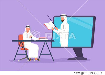 Graphic flat design drawing Arab male student sitting on chair with desk studying staring at monitor screen and inside laptop there is male lecturer who is teaching. Cartoon style vector illustration 99933334