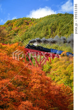 紅葉した山沿いを走るSL銀河① 99933386