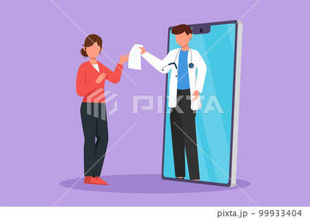 Character flat drawing young female patient receiving prescription from male doctor coming out of smartphone screen. Online medical healthcare consultation concept. Cartoon design vector illustration 99933404