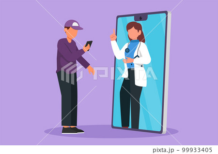 Graphic flat design drawing male patient holding smartphone standing facing giant smartphone screen and consulting female doctor. Doctor online or digital healthcare. Cartoon style vector illustration 99933405