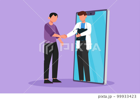 Character flat drawing male patient standing and shaking hands with male doctor coming out of smartphone and holding clipboard. Online medical consultation concept. Cartoon design vector illustration 99933423