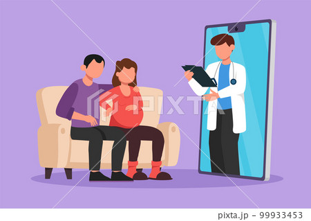 Cartoon flat style drawing male doctor comes out from smartphone screen facing and gives consultation to couple patient with pregnant wife. Online digital medical. Graphic design vector illustration 99933453