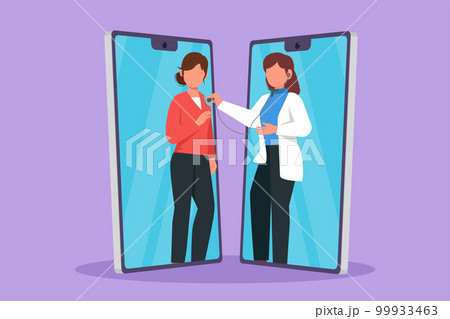 Graphic flat design drawing two smartphones facing each other with female doctor checking heart rate of female patient using stethoscope. Online doctor medical app. Cartoon style vector illustration 99933463