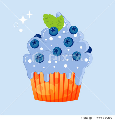 Cake with cream and blueberries and mint. Decoration for postcards, holiday posters. Appetizing cupcake. 99933565