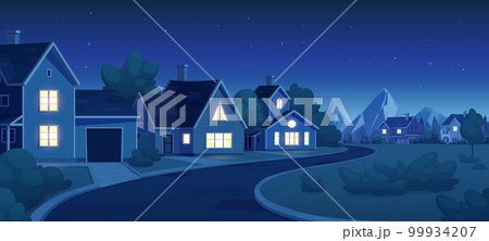 Night empty suburban street with house landscape Night empty suburban street with house landscape 99934207
