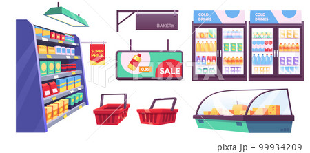 Isolated grocery store fridge cartoon vector set 99934209