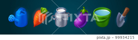 Cartoon set of farm game icons on dark background 99934215