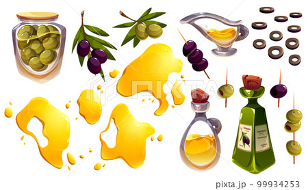 Cartoon set of olive tree branches, oil splashes Cartoon set of olive tree branches, oil splashes 99934253