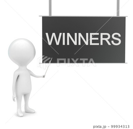 3d man presenting winners text on hanging board concept 3d man presenting winners text on hanging board concept 99934313