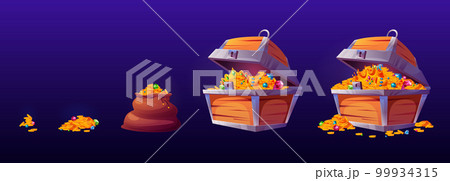 Pirate treasure icons with gold coins in chest 99934315