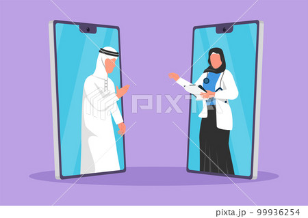 Cartoon flat style drawing two smartphone face to face contain male patient talking online with Arab female doctor while holding clipboard. Online digital medical. Graphic design vector illustration 99936254