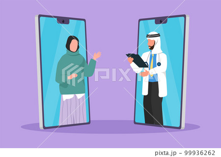 Cartoon flat style drawing two smartphone face to face contain young female patient talking online with Arab male doctor while holding clipboard. Digital healthcare. Graphic design vector illustration Cartoon flat style drawing two smartphone face to face contain young female patient talking online with Arab male doctor while holding clipboard. Digital healthcare. Graphic design vector illustration 99936262