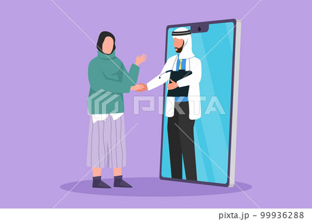 Cartoon flat style drawing Arab female patient standing and shaking hand with male doctor coming out of smartphone and hold clipboard. Online medical consultation. Graphic design vector illustration Cartoon flat style drawing Arab female patient standing and shaking hand with male doctor coming out of smartphone and hold clipboard. Online medical consultation. Graphic design vector illustration 99936288