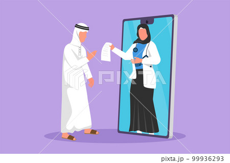 Cartoon flat style drawing of Arabian male patient receiving prescription from female doctor coming out of smartphone screen. Online medical healthcare consultation. Graphic design vector illustration 99936293
