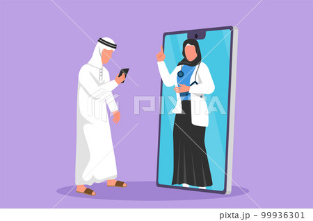 Cartoon flat style drawing male patient holding smartphone standing facing smartphone screen and consulting Arab female doctor. Doctor online or digital healthcare. Graphic design vector illustration Cartoon flat style drawing male patient holding smartphone standing facing smartphone screen and consulting Arab female doctor. Doctor online or digital healthcare. Graphic design vector illustration 99936301