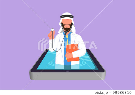 Graphic flat design drawing helpful Arab male doctor comes out of smartphone screen holding stethoscope. Online medical app services. Digital healthcare consultation. Cartoon style vector illustration Graphic flat design drawing helpful Arab male doctor comes out of smartphone screen holding stethoscope. Online medical app services. Digital healthcare consultation. Cartoon style vector illustration 99936310