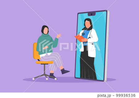 Graphic flat design drawing Arabian female doctor comes out of smartphone holding clipboard and checking condition of female patient sitting on chair. Online medical. Cartoon style vector illustration 99936536