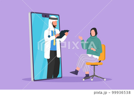 Character flat drawing Arabian male doctor come out of smartphone screen, holding clipboard, checking condition of female patient sitting on chair. Online medical. Cartoon design vector illustration 99936538