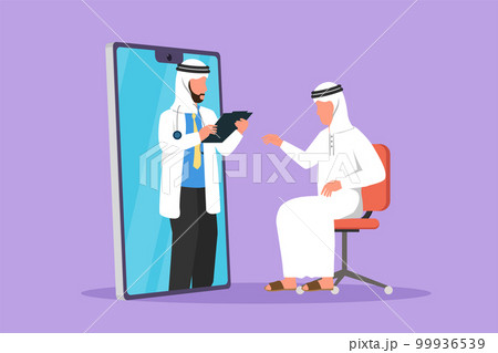 Graphic flat design drawing Arabian male doctor come out of smartphone screen, holding clipboard, checking condition of male patient sitting on chair. Online medical. Cartoon style vector illustration Graphic flat design drawing Arabian male doctor come out of smartphone screen, holding clipboard, checking condition of male patient sitting on chair. Online medical. Cartoon style vector illustration 99936539