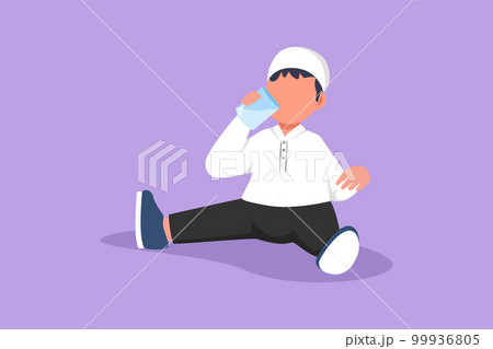 Character flat drawing adorable Arab little boy sitting while holding and enjoying glass of fresh milk to fulfill his body nutrition. Child health or growth concept. Cartoon design vector illustration 99936805
