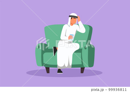 Cartoon flat style drawing Arabian man sitting on couch and resting, drinking tea. Male manager relaxing and holding glass of coffee. Enjoying break time at office. Graphic design vector illustration 99936811