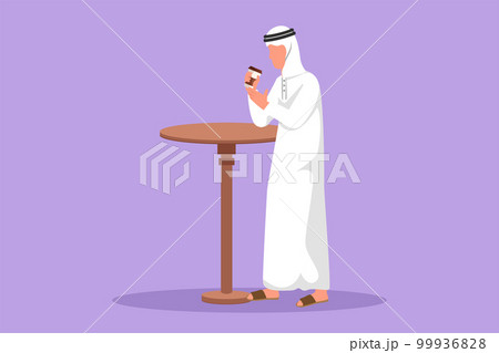 Graphic flat design drawing Arabian man stand at table in cafe, relaxing in cafeteria. Coffee break morning daily concept. Drinking hot flavored coffee at restaurant. Cartoon style vector illustration 99936828