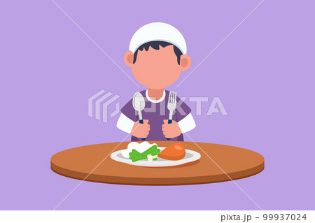 Cartoon flat style drawing little kid eating healthy morning breakfast. Happy Arabian child eat delicious food with fried chicken at home. School boy enjoying dish. Graphic design vector illustration Cartoon flat style drawing little kid eating healthy morning breakfast. Happy Arabian child eat delicious food with fried chicken at home. School boy enjoying dish. Graphic design vector illustration 99937024