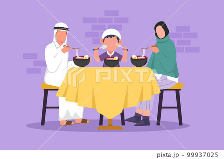 Cartoon flat style drawing Arabian father mother and little son eating noodle at dining room. Happy family having dinner with delicious ramen. Tasty Japanese food. Graphic design vector illustration Cartoon flat style drawing Arabian father mother and little son eating noodle at dining room. Happy family having dinner with delicious ramen. Tasty Japanese food. Graphic design vector illustration 99937025